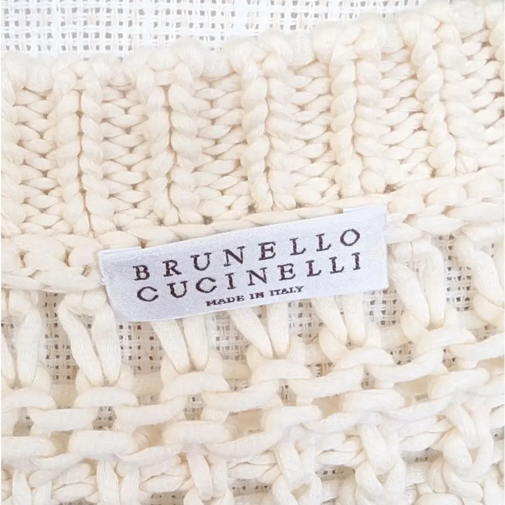 Brunello Cucinelli Textured Open Knit Sweater Womens M Cream Cotton V-neck